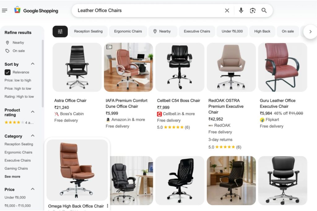 Ecommerce Search Results of Leather Office Chairs