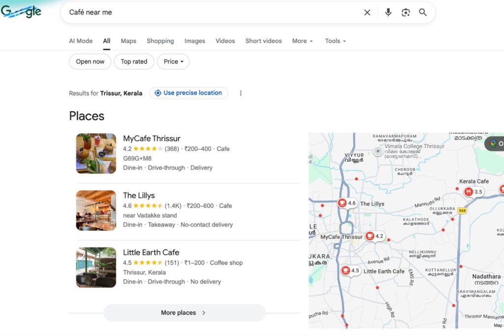 Local Search Results of best café near me