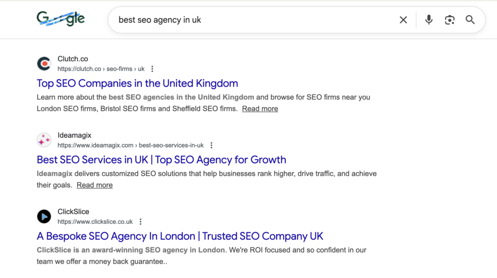 Organic Search Results of Best SEO Agency in UK