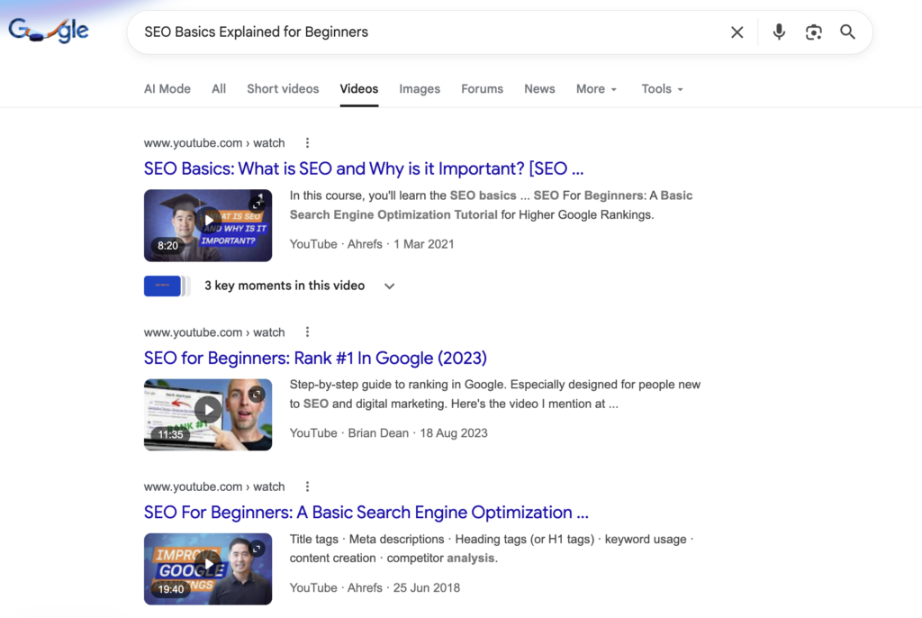 Video Search Results of SEO Basics Explained for Beginners