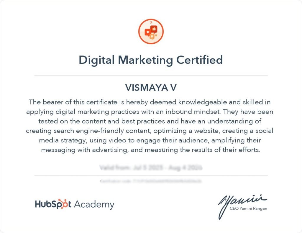 Digital Marketing Certification of Vismaya V by Hubspot Academy.